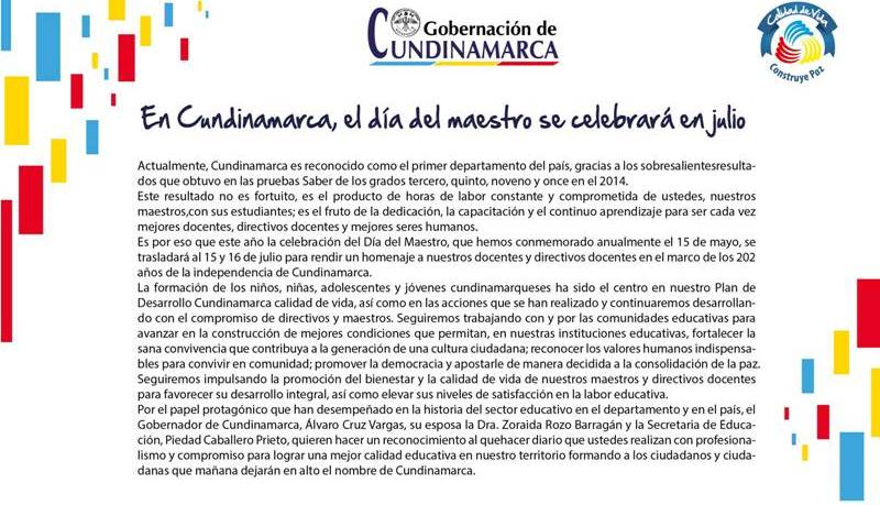 EN CUNDINAMARCA, EL DÍA DEL MAESTRO SE CELEBRARÁ EN JULIO