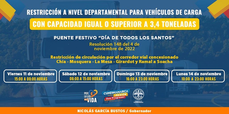 Restricción en carreteras de Cundinamarca para vehículos de carga de 3.4 toneladas o más en los puentes festivos de Noviembre