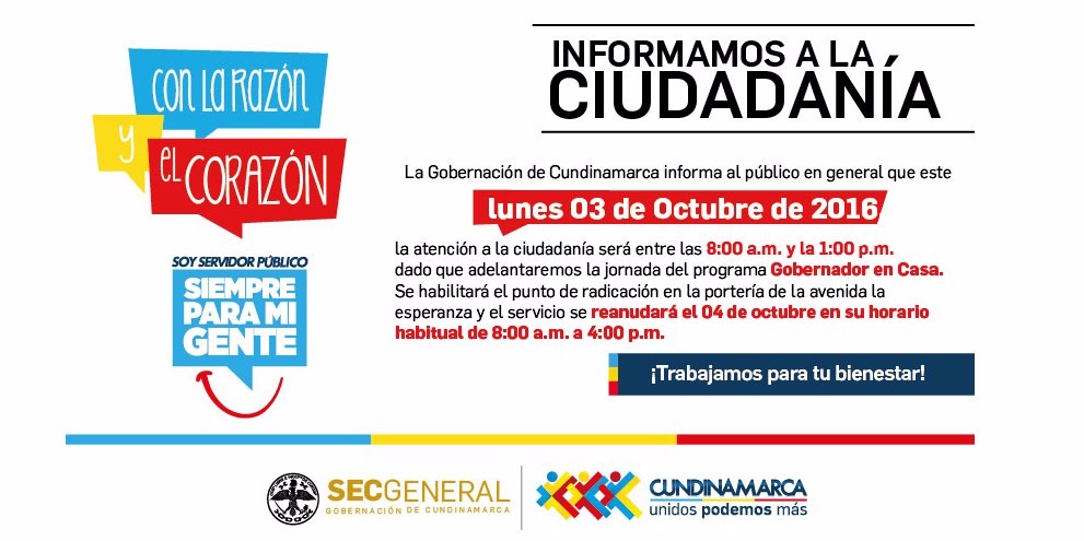 Este lunes 3 de octubre la atención al público será hasta la 1:00 pm