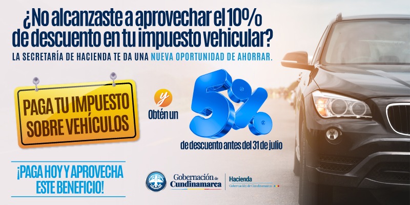 Cundinamarca ofrece 5 % de descuento en impuesto vehicular hasta el 31 de julio
