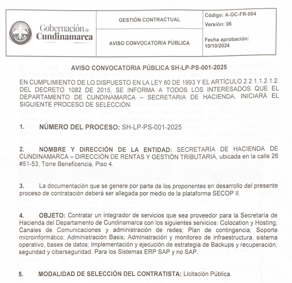 SEGUNDO AVISO CONVOCATORIA PUBLICA SH-LP-PS-001-2025
