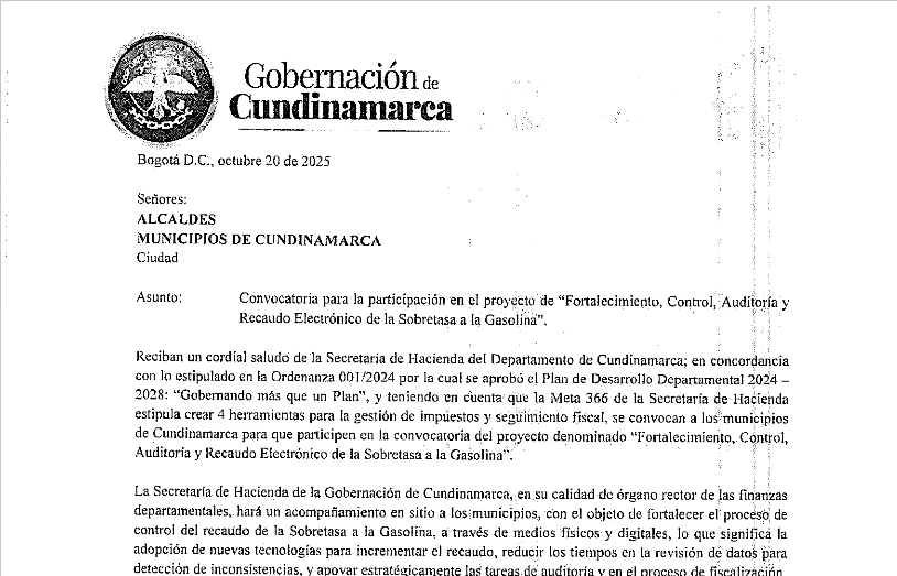 CONVOCATORIA PARA LA PARTICIPACIÓN EN EL PROYECTO DE "FORTALECIMIENTO, CONTROL, AUDITORIA Y RECAUDO ELECTRONICO DE LA SOBRETASA A LA GASOLINA